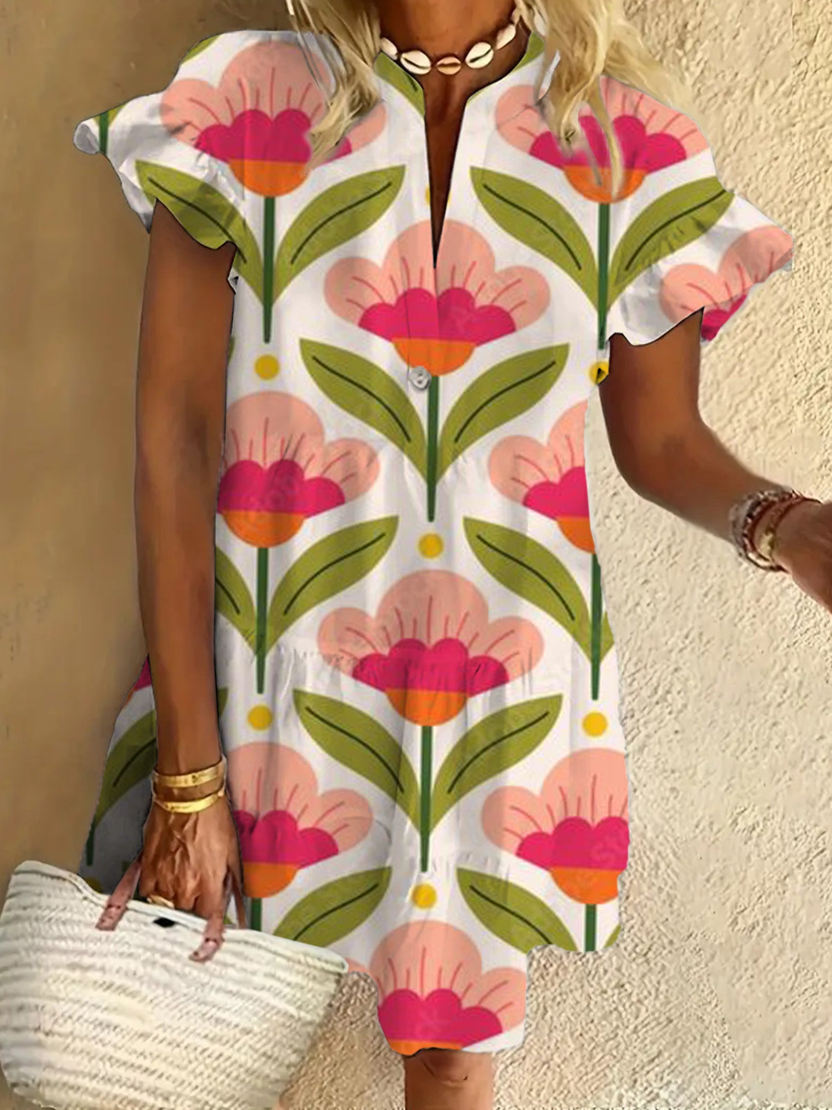 Flower Art Print Ruffled Short-sleeved V-neck Buttoned Dress Vacation Beach Dress