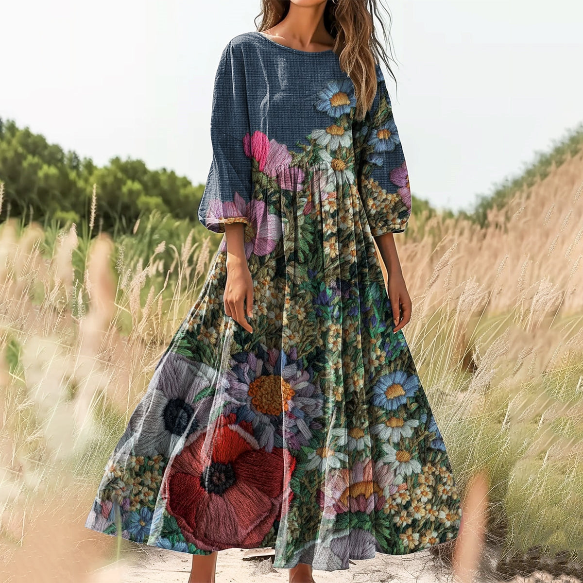 Women's Floral Art Print Cotton Crew Neck Dress