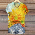 Women's Vintage Daisy Floral Art Print V-neck Casual T-Shirt