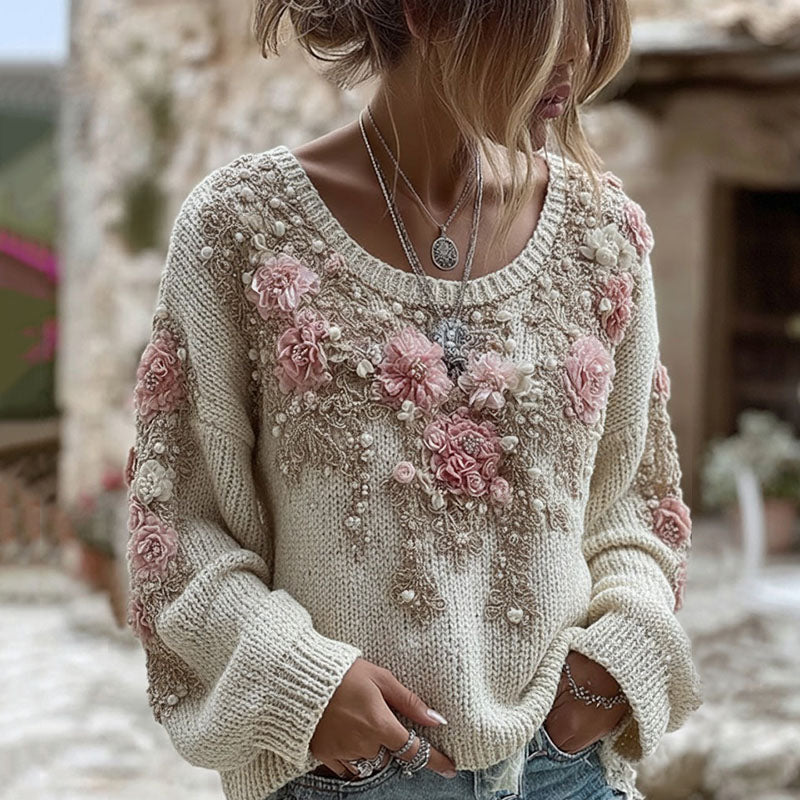 Comstylish Women's Pink Floral Embroidery Art Knit Pullover Sweater