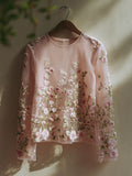 Comstylish Women's Pink Floral Pink Embroidery Print T-shirt