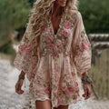 Women's Vintage Rose Embroidery Art Comfy Linen Mini Dress artswardrobe