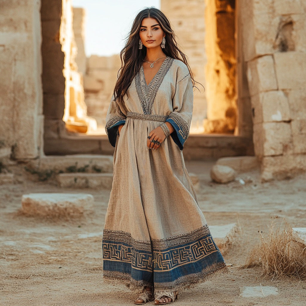 Retro Elegant Greek Key V Neck Linen Blend Maxi Dress artswardrobe