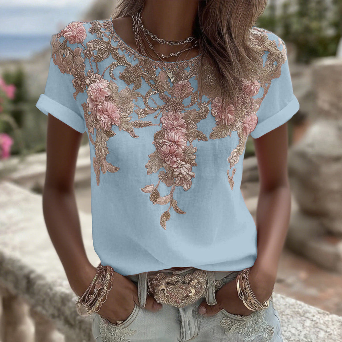 Women's Vintage Pink Rose Embroidery Art Round Neck Short Sleeve Linen Blend T-shirt artswardrobe