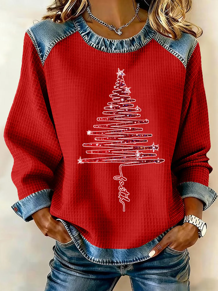 Comstylish Women's Christmas Waffle Crew Neck Casual Sweatshirt