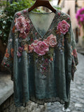 Bohemian Style Three-dimensional Floral Vintage Cotton And Linen Movie Green V-neck Short-sleeved Shirt artswardrobe