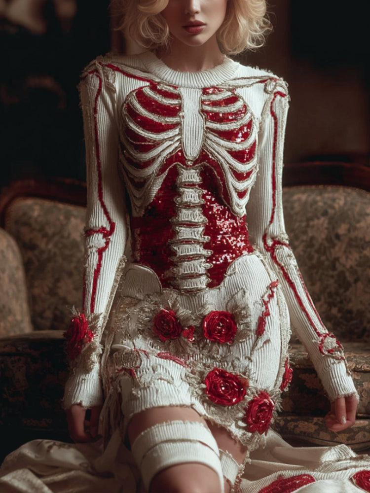 Comstylish Women Halloween Skeleton Red Rose Art Slimming Ancient Dress