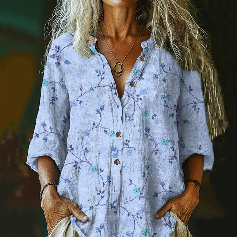 Women's Vintage Floral  Art Print Casual Cotton And Linen Shirt artswardrobe