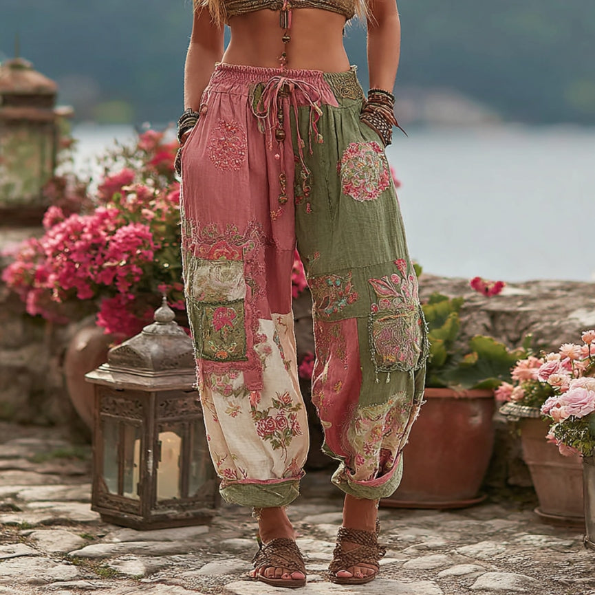Women's Vintage Floral Embroidery Art Contrast Color Linen Blend Casual Pants artswardrobe