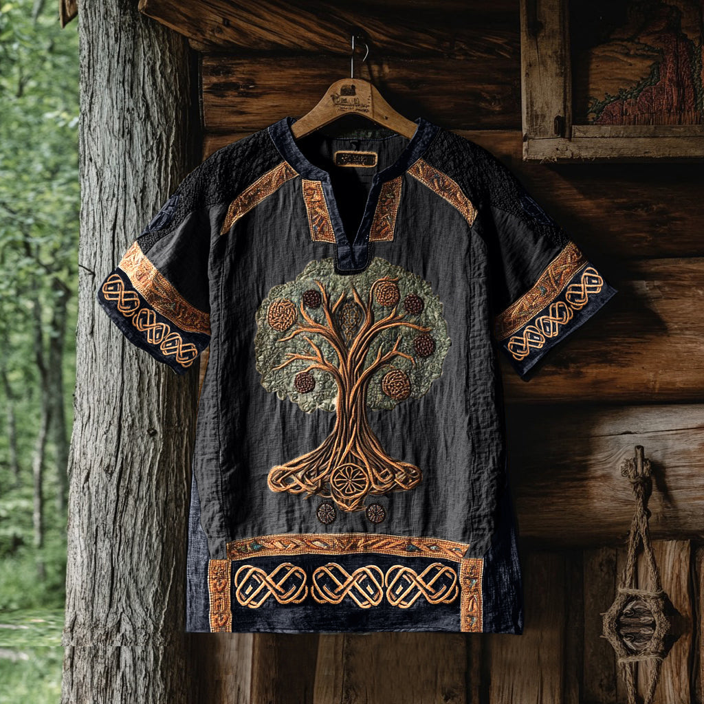 Men's Viking Tree Of Life Tribal Celtic Patchwork Art Linen Shirt artswardrobe