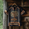 Men's Viking Tree Of Life Tribal Celtic Patchwork Art Linen Shirt artswardrobe
