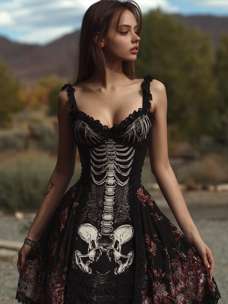 Comstylish Halloween Skeleton Skeleton Pattern Women's Cotton And Linen Sleeveless Dress