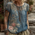 Women's Vintage Floral Embroidery Crew Neck T-shirt artswardrobe