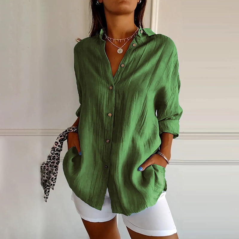Comstylish Casual Single Breasted Pleated Lapel Solid Color Cotton Linen Shirt