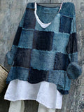 Women's Denim Patchwork Vintage V-neck Shirt artswardrobe