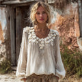 Comstylish Boho Hydrangea Tassel Embroidery Women's Linen Long Sleeve Shirt