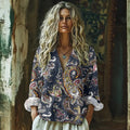 Paisley Art Print Cotton And Linen V-neck Loose Shirt artswardrobe
