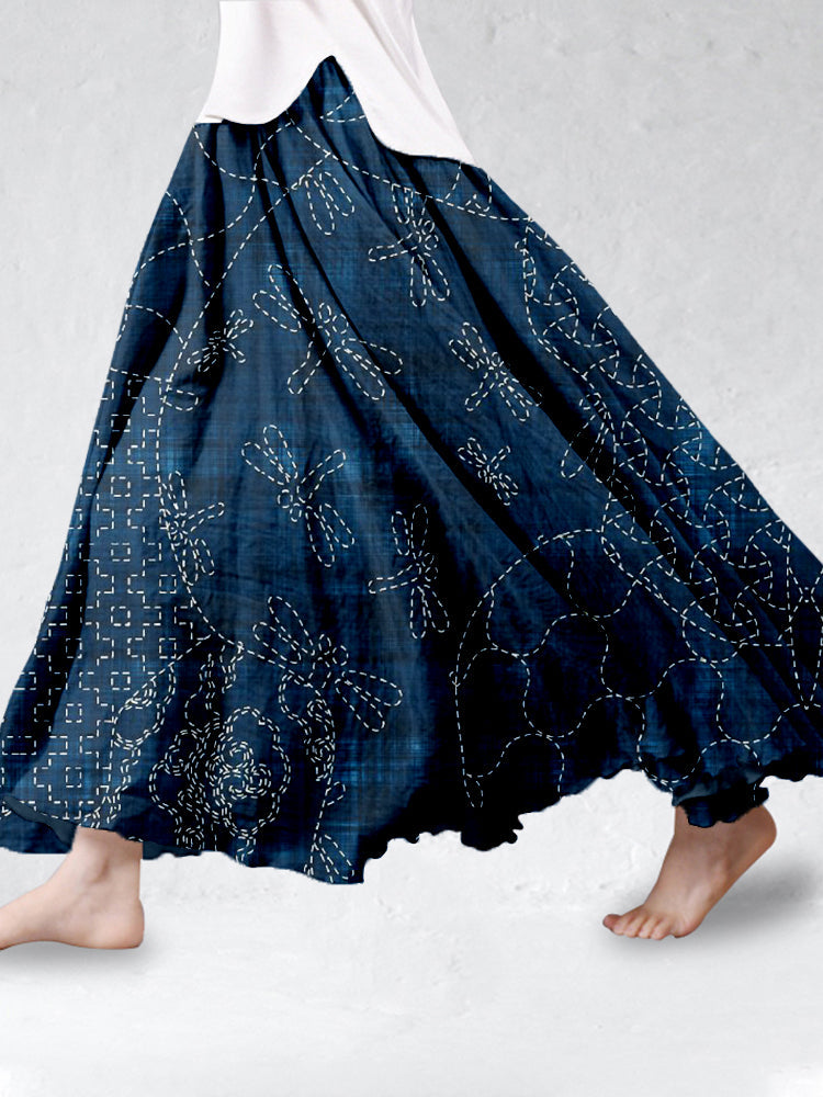 Comstylish Vintage Japanese Sashiko Linen Blend Flowy Wide Skirt