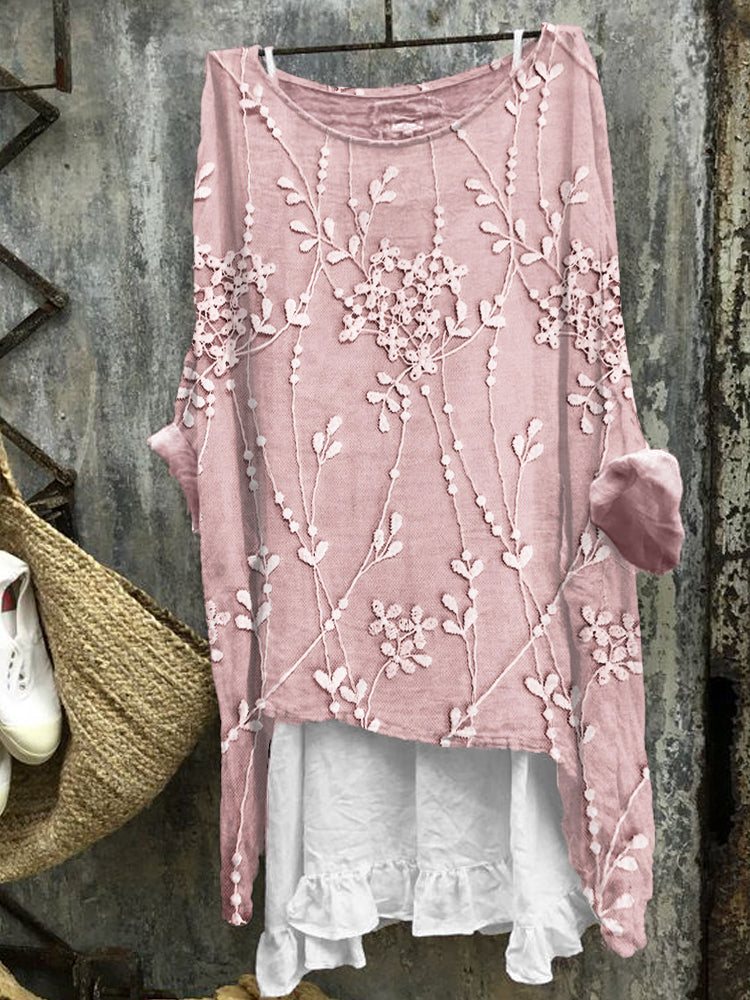 Comstylish Classy Floral Lace Embroidered Oversize Linen Blend Tunic