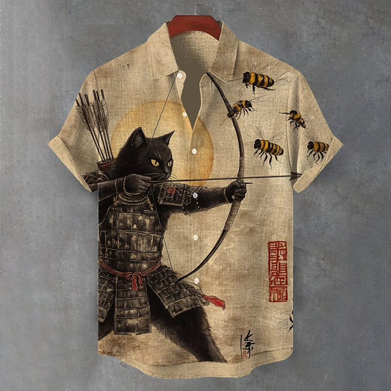 Men's Black Cat Tribal Warrior Japanese Kyudo Print Short Sleeve Shirt elevenforest