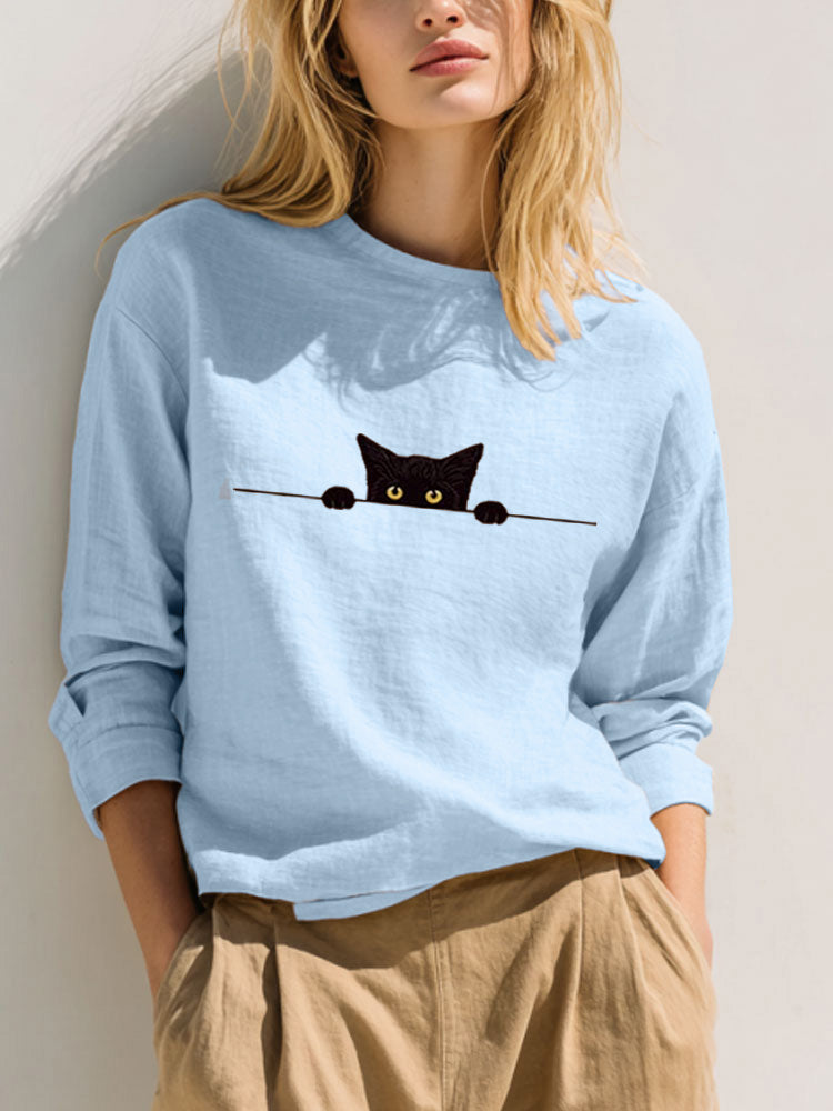 Comstylish Women's Casual Funny Black Cat Print T-shirt