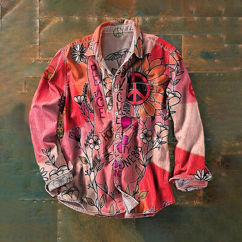 Men's Vintage Peace And Love Daisy Art Print Linen Lapel Long Sleeve Shirt artswardrobe