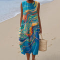 Women's Retro Water Ripple Line Art Print Cotton And Linen Dress artswardrobe