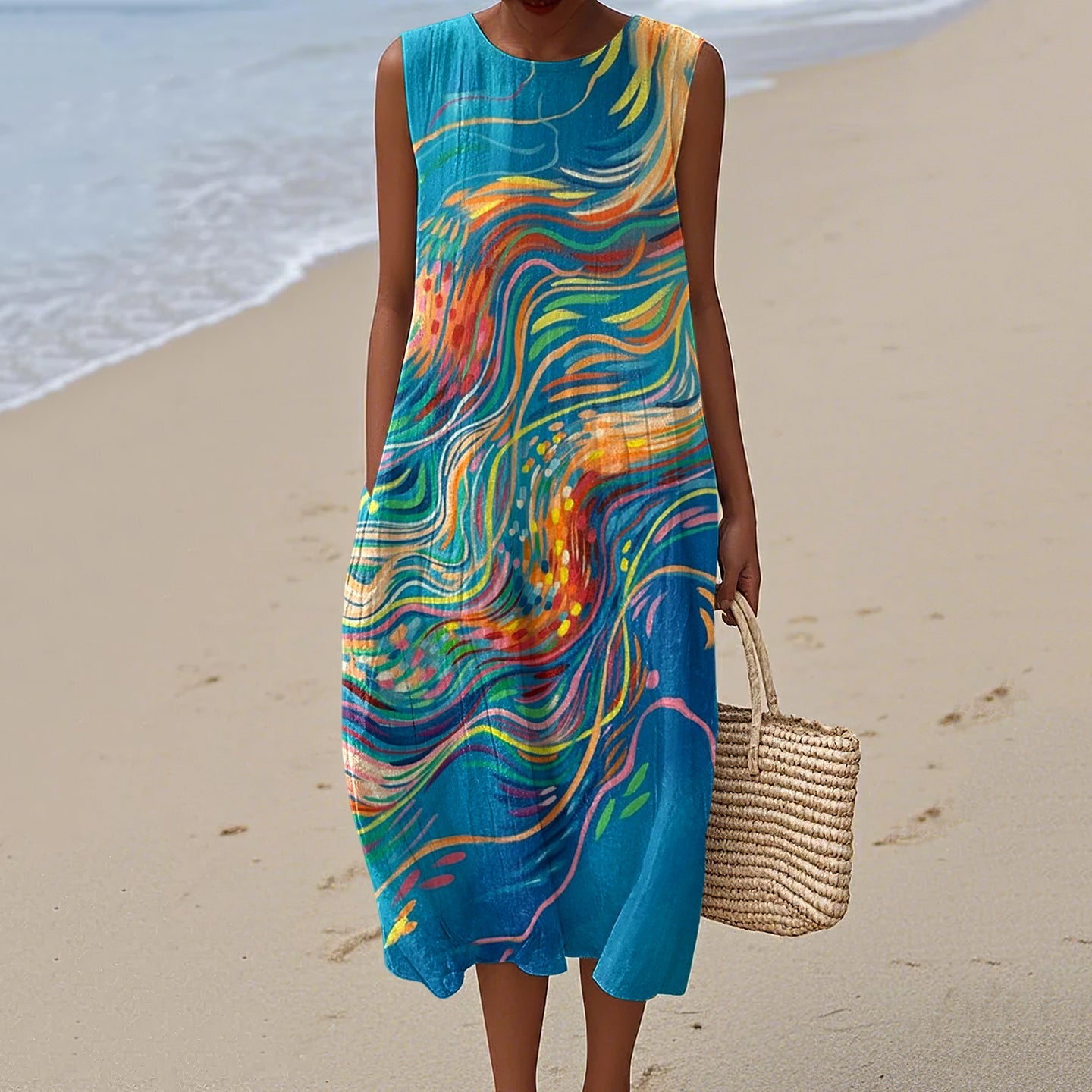 Women's Retro Water Ripple Line Art Print Cotton And Linen Dress artswardrobe