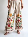 Boho Ethnic Floral Embroidery Art Women's Linen Trouser artswardrobe
