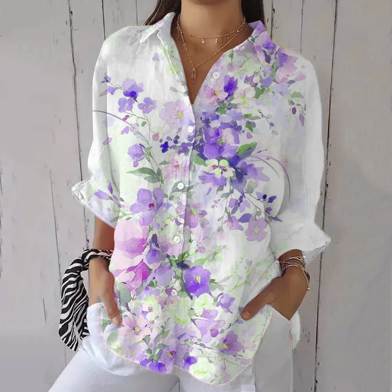 Comstylish Vintage Floral Painting Art Button Casual Shirt