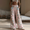 Comstylish Women's Vintage Floral Embroidery Color Block Cozy Sweatpants
