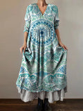 Women's Tie-Dye Mandala Art Print V-Neck Pocket Cotton Dress