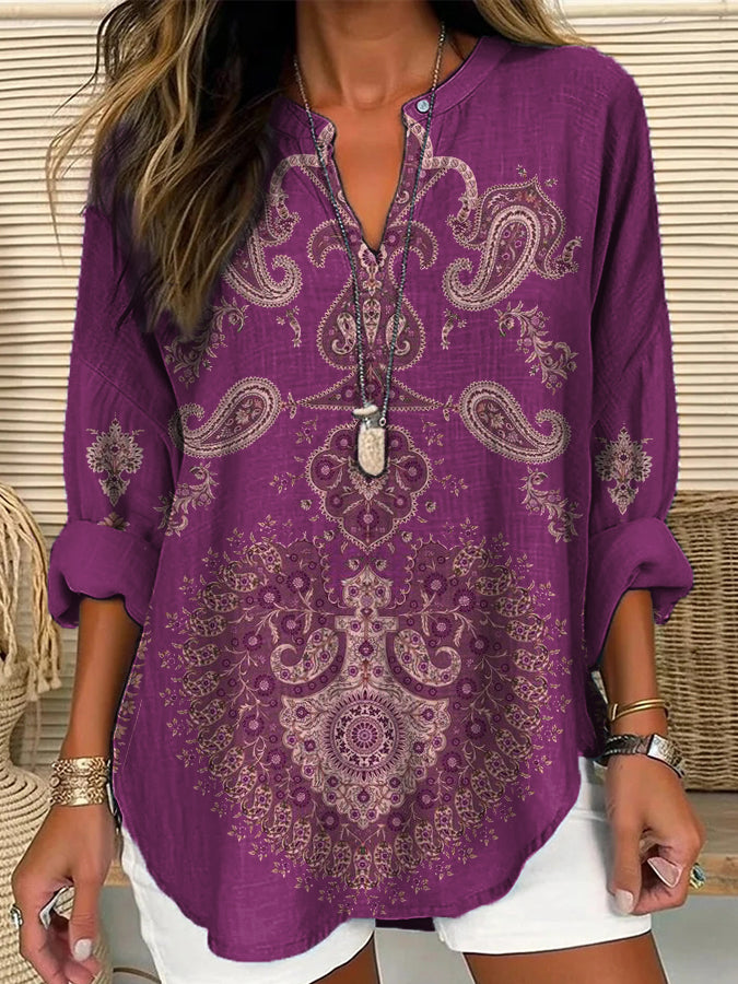 Comstylish Ethnic Bohemian Floral  Women's Casual Linen Blend Shirt