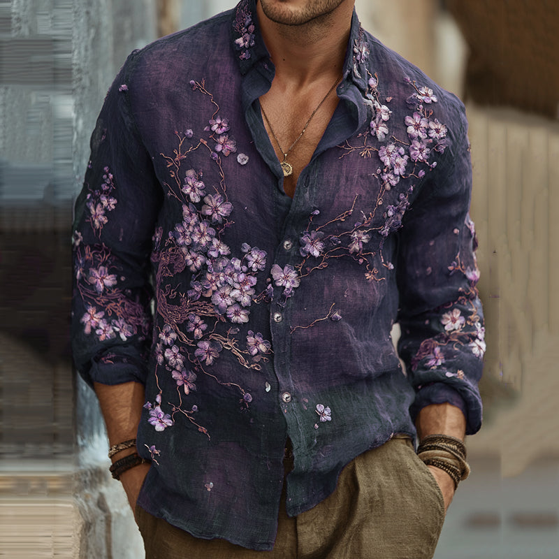 Men's Vintage Japanese Sakura Embroidered Art Lapel Long Sleeve Linen Shirt artswardrobe