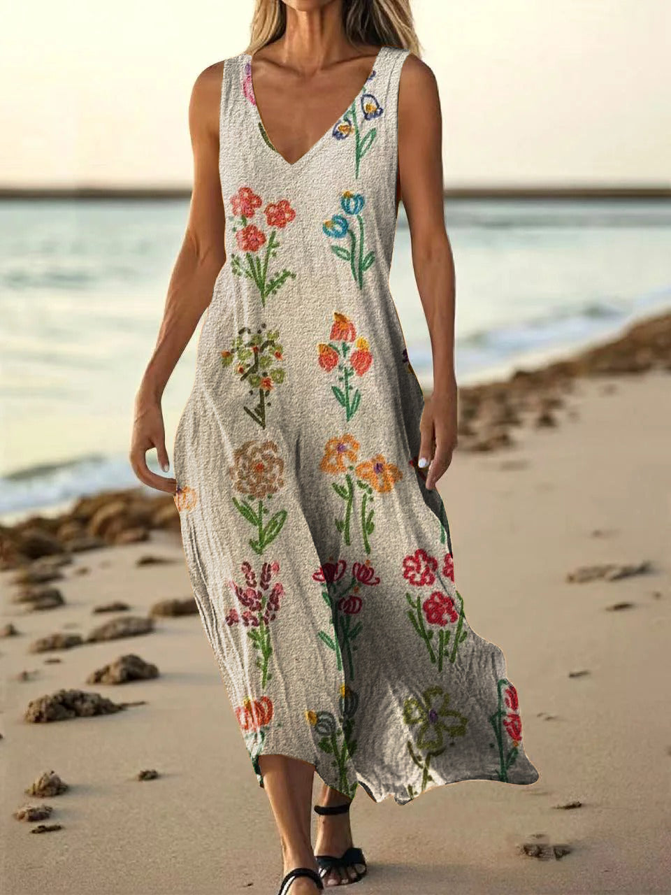 Women's Vintage Floral Art Print Pocket Cotton Dress