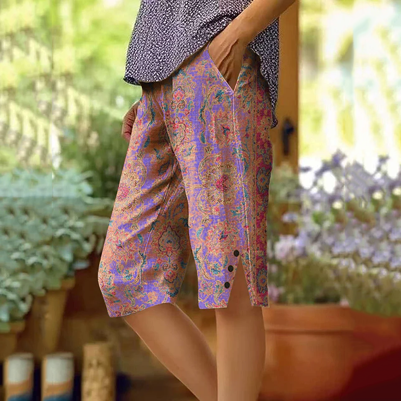 Retro Bohemian Style  Ethnic Totem Pattern Art Graphics Button Slit Design Cozy Linen Shorts artswardrobe