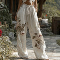 Women's Vintage White Rose Embroidery Art Comfy Linen Pants