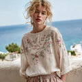 Comstylish Women's Vintage Floral Embroidery Linen Crew Neck Long Sleeve T-shirt