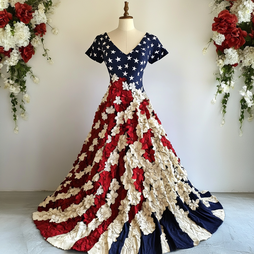 Women's Independence Day Flag And Floral Print Short Sleeve Dress artswardrobe