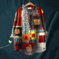 Elegant Geometric Patchwork Pattern Art Linen Ruffle Shirt artswardrobe