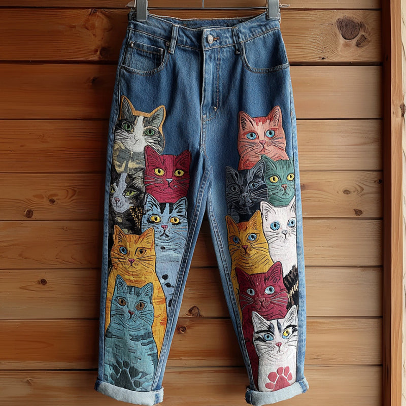 Retro Colored Cat  Embroidered Washed Jeans elevenforest