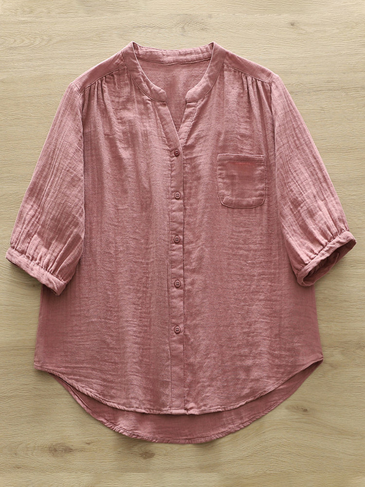Women's Simple Solid Color Linen Blend Casual Shirt artswardrobe