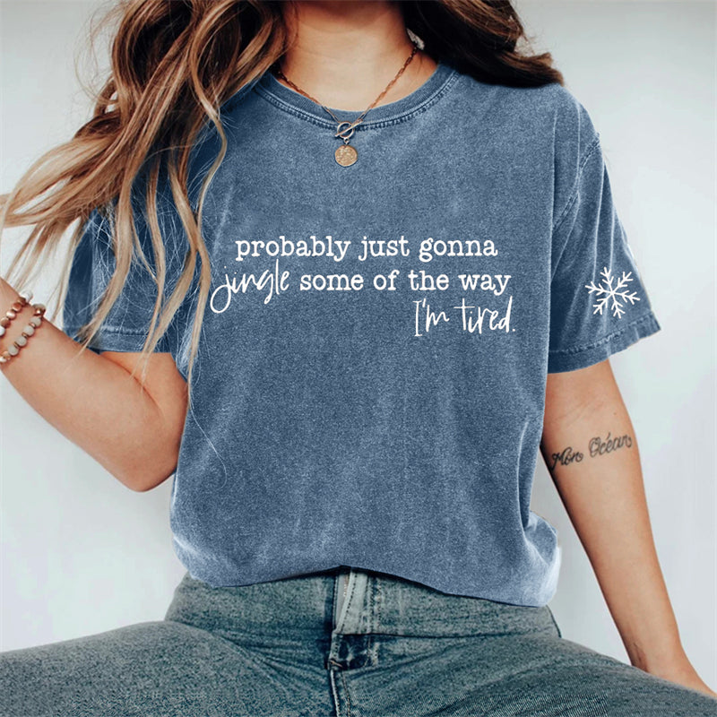 Comstylish Funny Christmas I'm Tired Slogan Snowflake Washed T Shirt