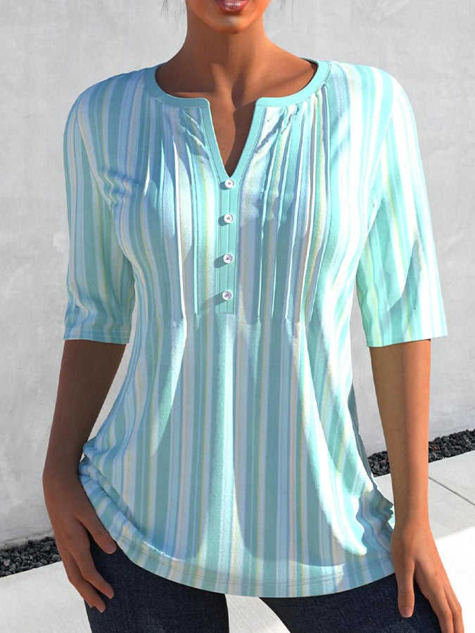 Split Neck Cyan 3/4 Sleeve Striped Blouse