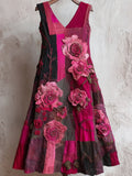 Pink Roses Embroidered Patchwork Linen Tank Dress artswardrobe