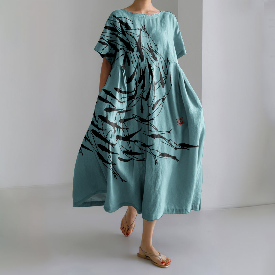 Comstylish Japanese Art Vintage Sea World Flock Of Fish Print Casual Art Linen Blend Maxi Dress
