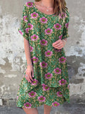 Women's Summer Vintage Floral Art Casual Round Neck Cotton Dress
