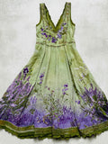 Vintage Lavender Flowers Embroidered Gradient Linen Midi Dress artswardrobe