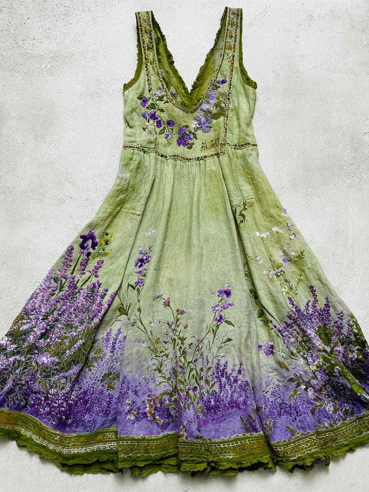 Vintage Lavender Flowers Embroidered Gradient Linen Midi Dress artswardrobe