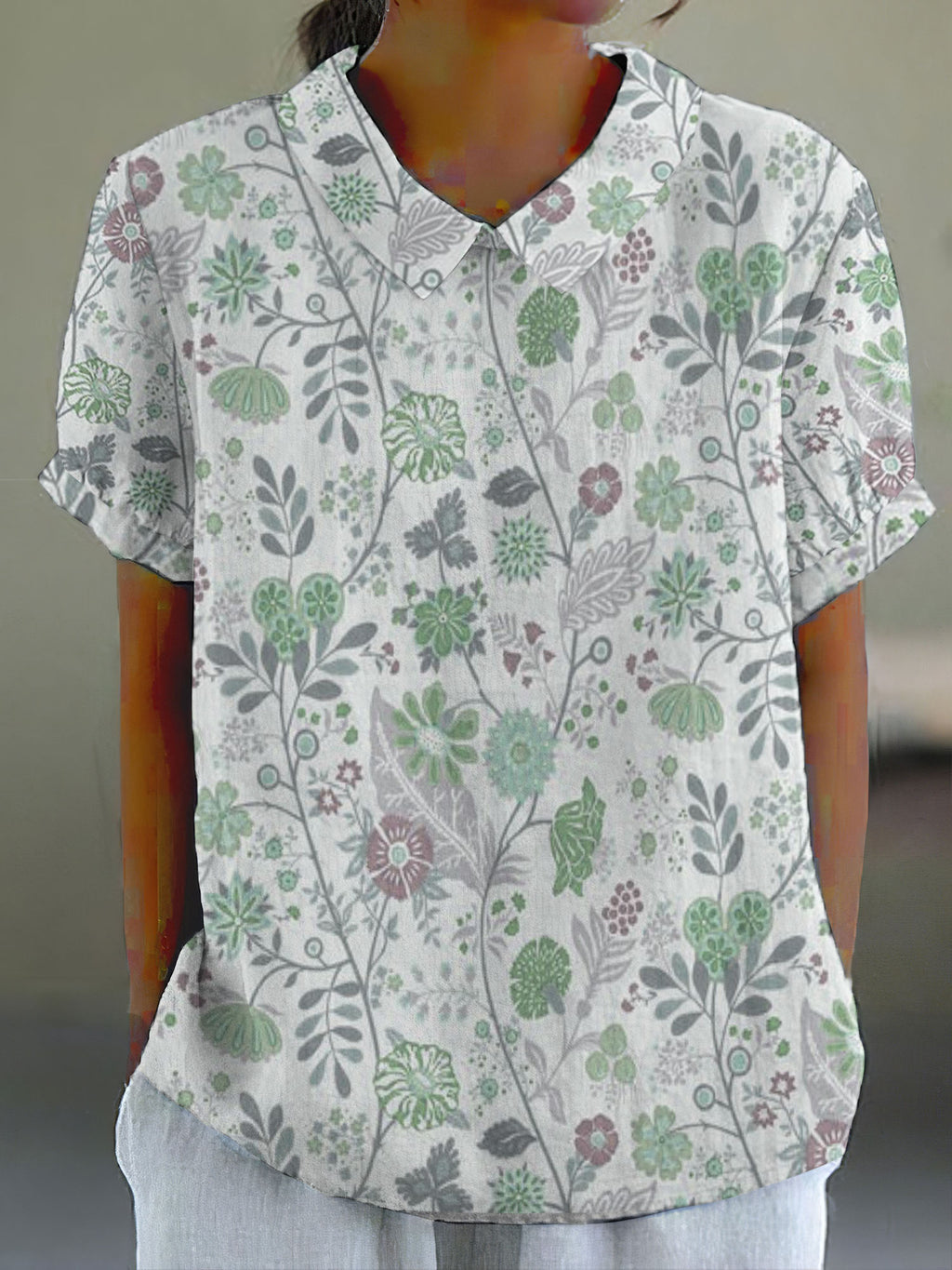 Comstylish Women's Pastoral Floral Art Print Casual Cotton Linen Shirt